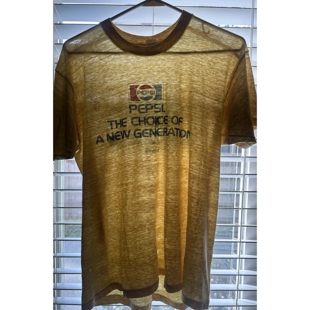 Vtg Paper Thin 80s Pepsi T Shirt Sz XL Yellow Distressed 50/50 Running 1984
